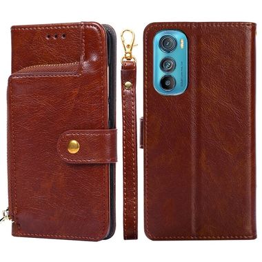 Peňaženkové kožené puzdro Zipper Bag na Motorola Edge 30 - Hnedá
