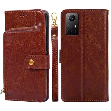 Peňaženkové kožené puzdro Zipper Bag na Xiaomi Redmi Note 12S - Hnedá