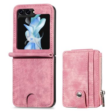 Peňaženkové kožené puzdro Zipper na Samsung Galaxy Z Flip 5 - Ružová