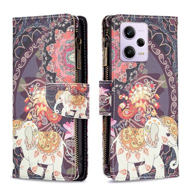Peňaženkové kožene puzdro Zipper na Xiaomi Redmi Note 12 Pro 5G – Flower Elephants
