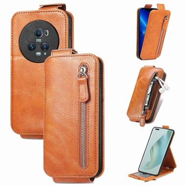 Peňaženkové kožené puzdro Zipper Wallet na Honor Magic5 Pro - Hnedá