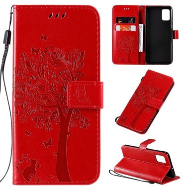 Peňaženkové kožené puzdroTree & Cat Pattern na Samsung Galaxy A51 červená
