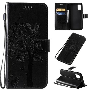 Peňaženkové kožené puzdroTree & Cat Pattern na Samsung Galaxy A51 - Čierna