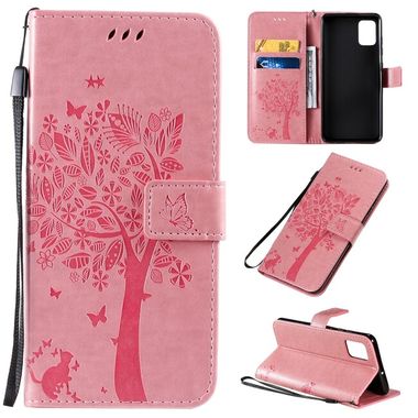 Peňaženkové kožené puzdroTree & Cat Pattern na Samsung Galaxy A51 - Ružová
