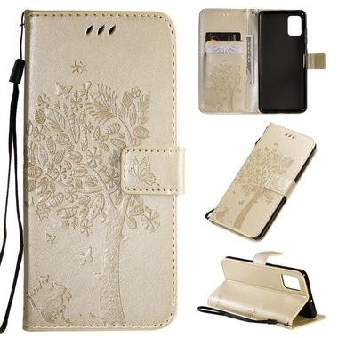 Peňaženkové kožené puzdroTree & Cat Pattern na Samsung Galaxy A51 zlatá