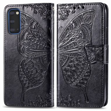 Peňaženkové puzdro Butterfly Love Flowers Embossing na Samsung Galaxy S20 - Čierna