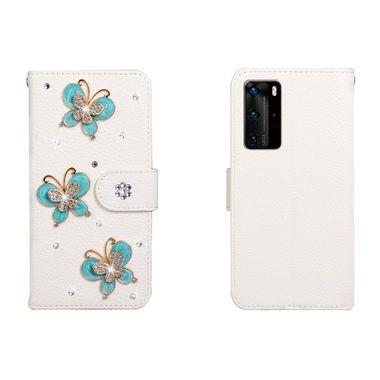 Peňaženkové puzdro na Huawei P40 Pro - Solid Color Rhinestones -Three Butterflies