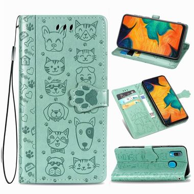 Peňaženkové puzdro na Samsung Galaxy A30 - Cute Cat and Dog Embossed - zelená