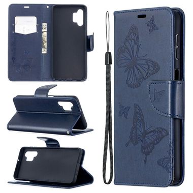 Peňaženkové kožené puzdro BUTTERFLIES na Samsung Galaxy A32 5G - Modrá