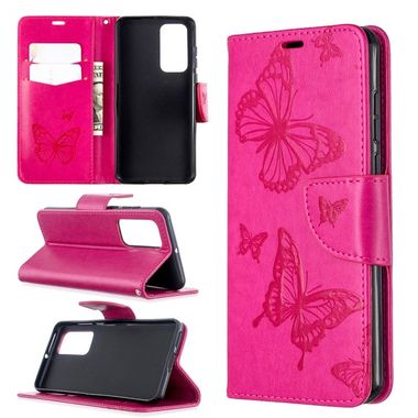 Peňaženkové puzdro Two Butterflies Embossing na Huawei P40 –Rose Red