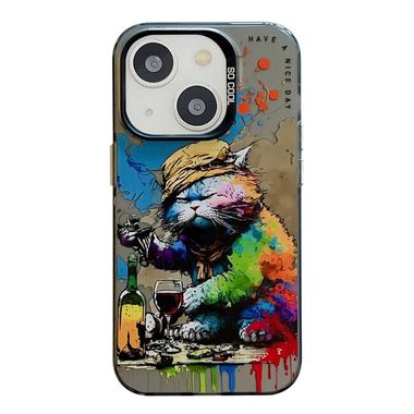 Sklenený kryt Oil Painting na iPhone 15 - Drinking Cat